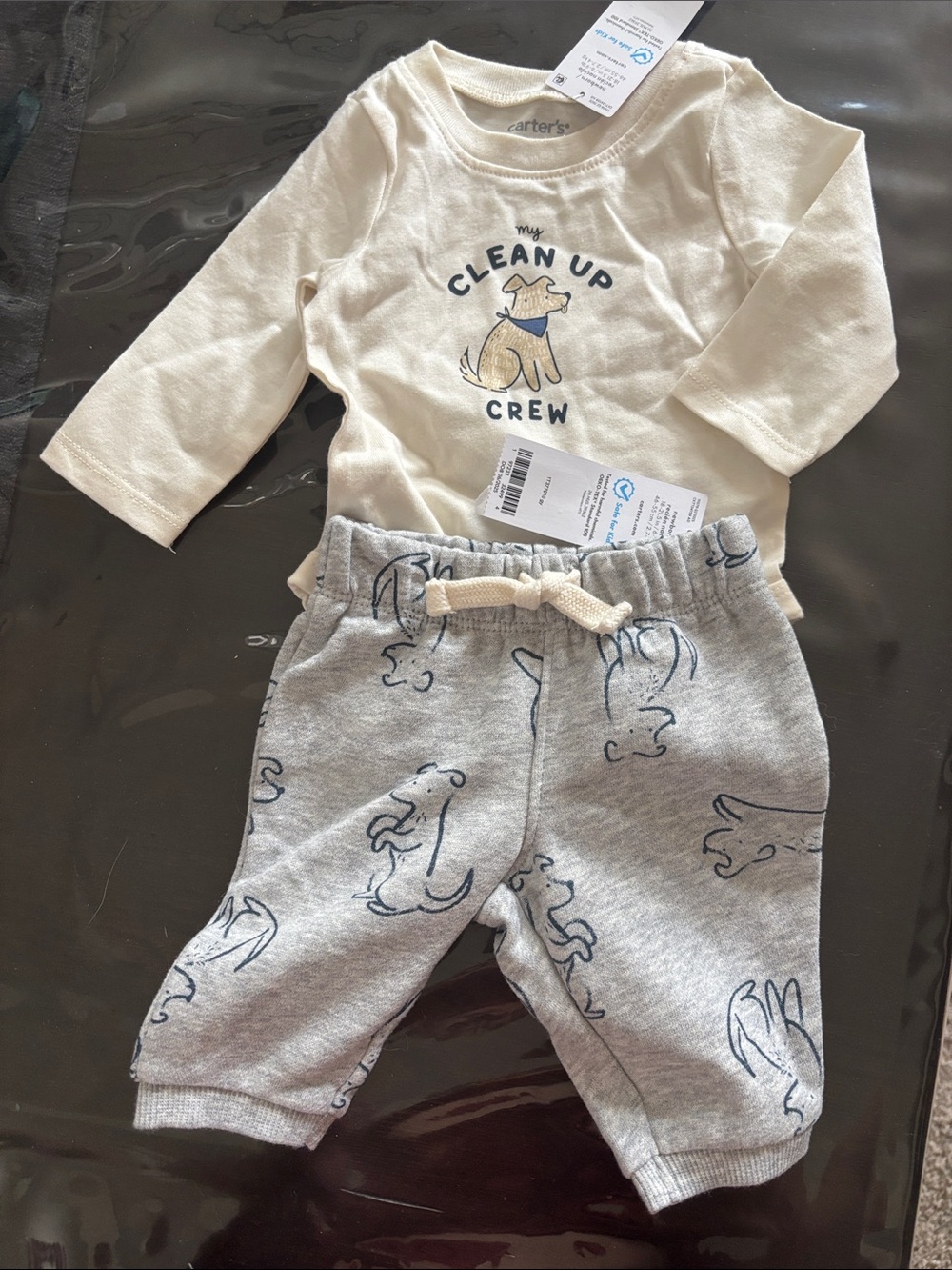 Carter's Cream Long-Sleeve Top & Gray Puppy Sketch Joggers